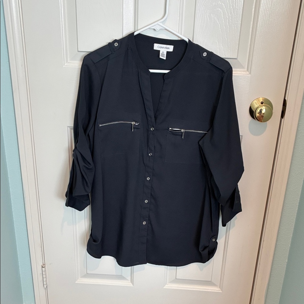 Calvin Klein Dark Blue Blouse with Zipper Details